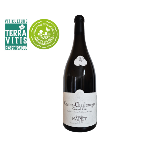 Magnum Corton-Charlemagne Grand Cru du Domaine Rapet. Un vin blanc qui accompagnera foie gras, homard, poissons délicats, volailles, fromages doux...