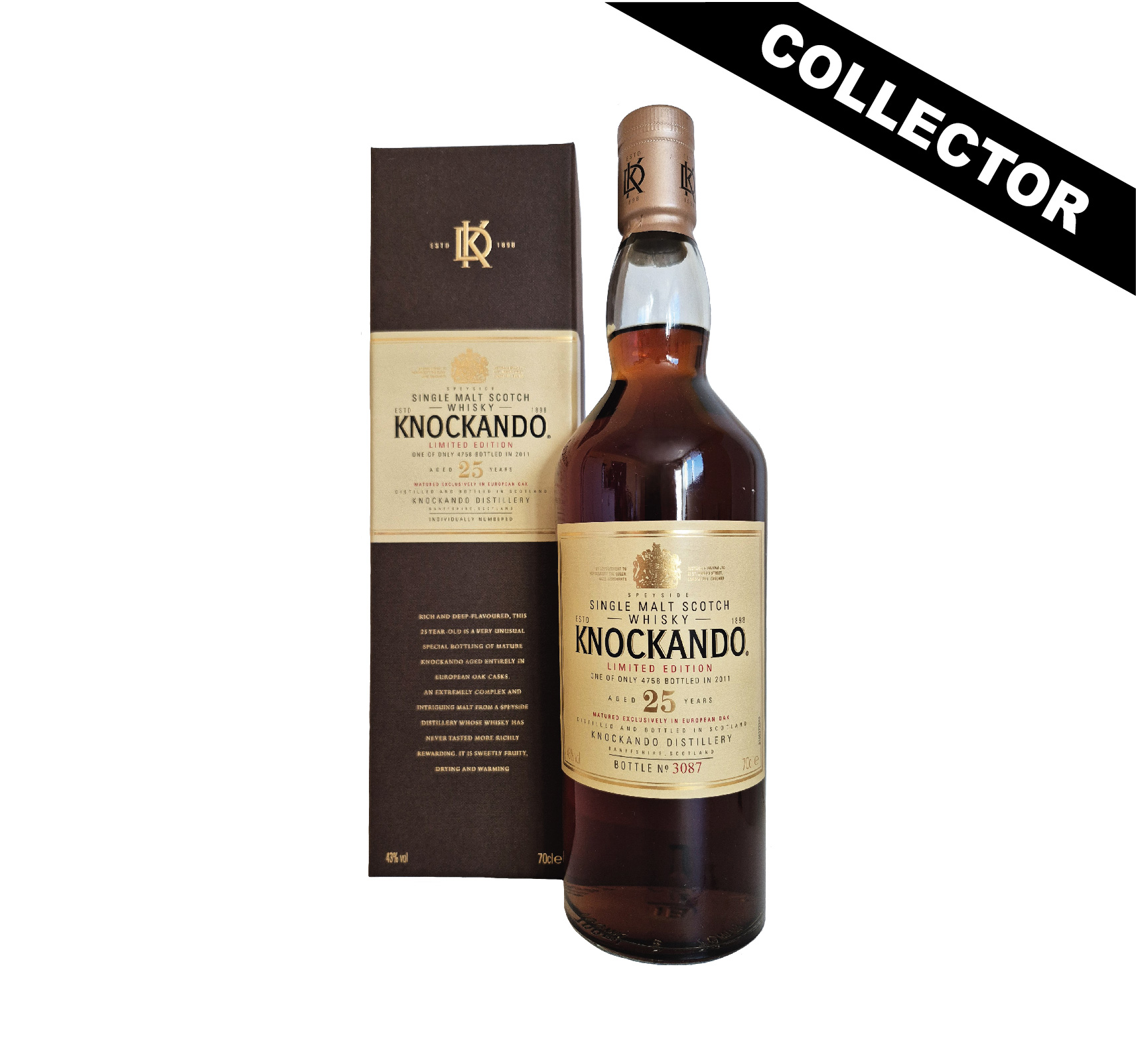 Knockando 25 ans : une édition limitée. 4758 bouteilles produites. Cask Type : First fill European Oak casks. Une bouteille rare, avis aux collectionneurs !