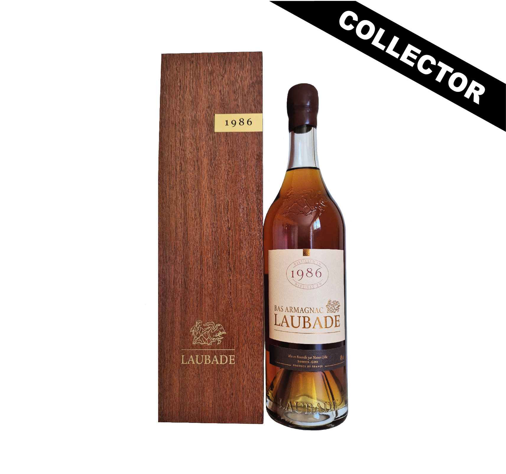 Bas Armagnac Laubade 1986 – Millésime rare au nez de mandarines confites et vanille, bouche ronde et persistante. Un Armagnac élégant.