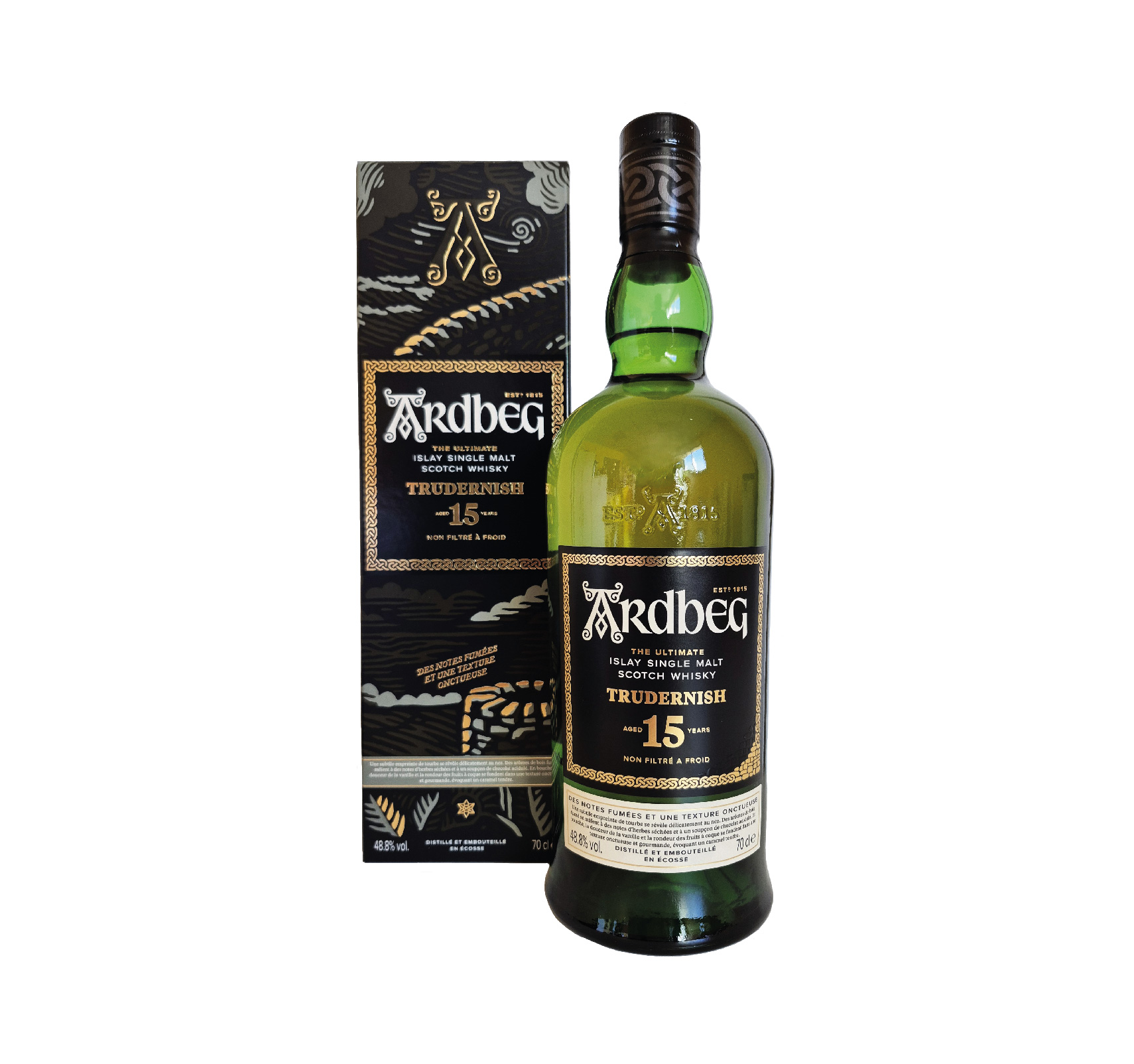 Ardbeg Trudernish 15 ans : un single malt d’Islay inspiré d’une localité mystérieuse du “Cap Enchanté”. Élevé en fûts de Bourbon, chêne neuf carbonisé et Sherry Oloroso, il offre un équilibre entre tourbe intense et rondeur des fruits secs.