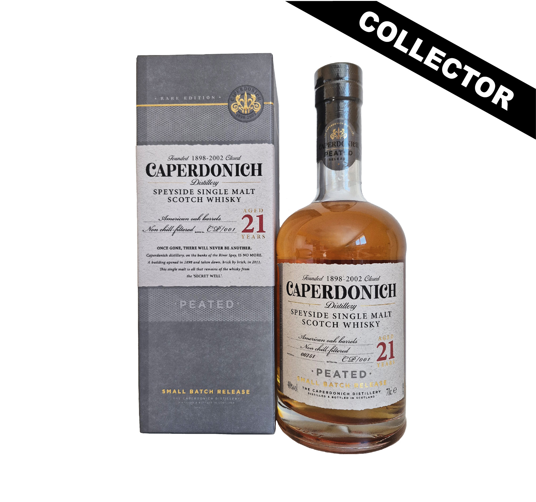 Découvrez Caperdonich Peated 21 ans, un single malt rare issu d’une distillerie fermée : tourbe élégante, notes boisées et finale longue et fumée.