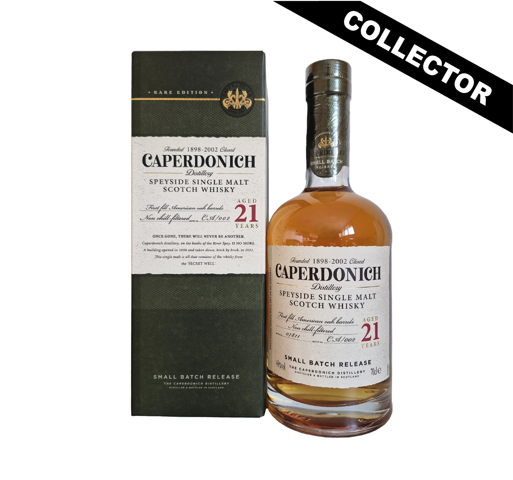 Découvrez Caperdonich 21 ans, un single malt rare issu d’une distillerie fermée. Un whisky non tourbé, doux et complexe..