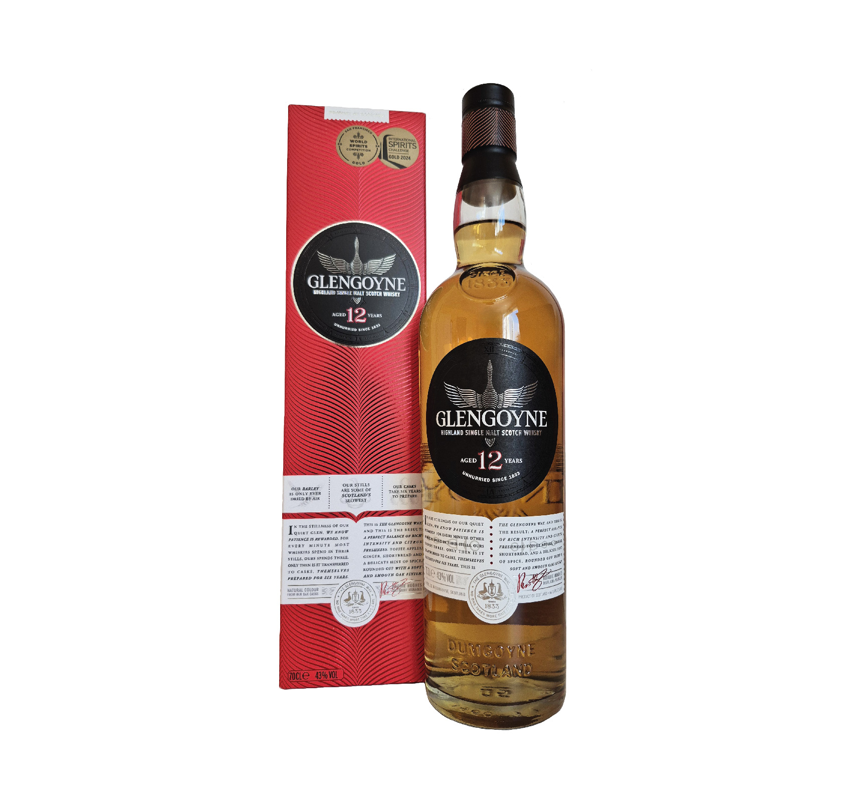 Glengoyne 12 ans : single malt des Highlands non tourbé, fruité et équilibré. Vieilli en fûts de sherry et bourbon. Notes de miel, agrumes et chêne doux.