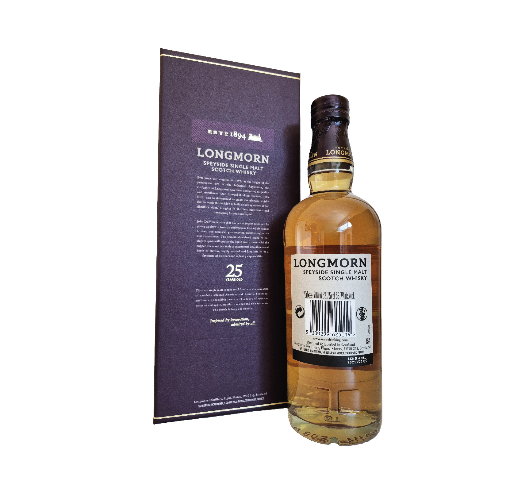 Longmorn 25 ans Batch L04 : Speyside en triple maturation, 53,7 %, non filtré à froid. Profil complexe, fruits tropicaux, épices et chêne élégant.