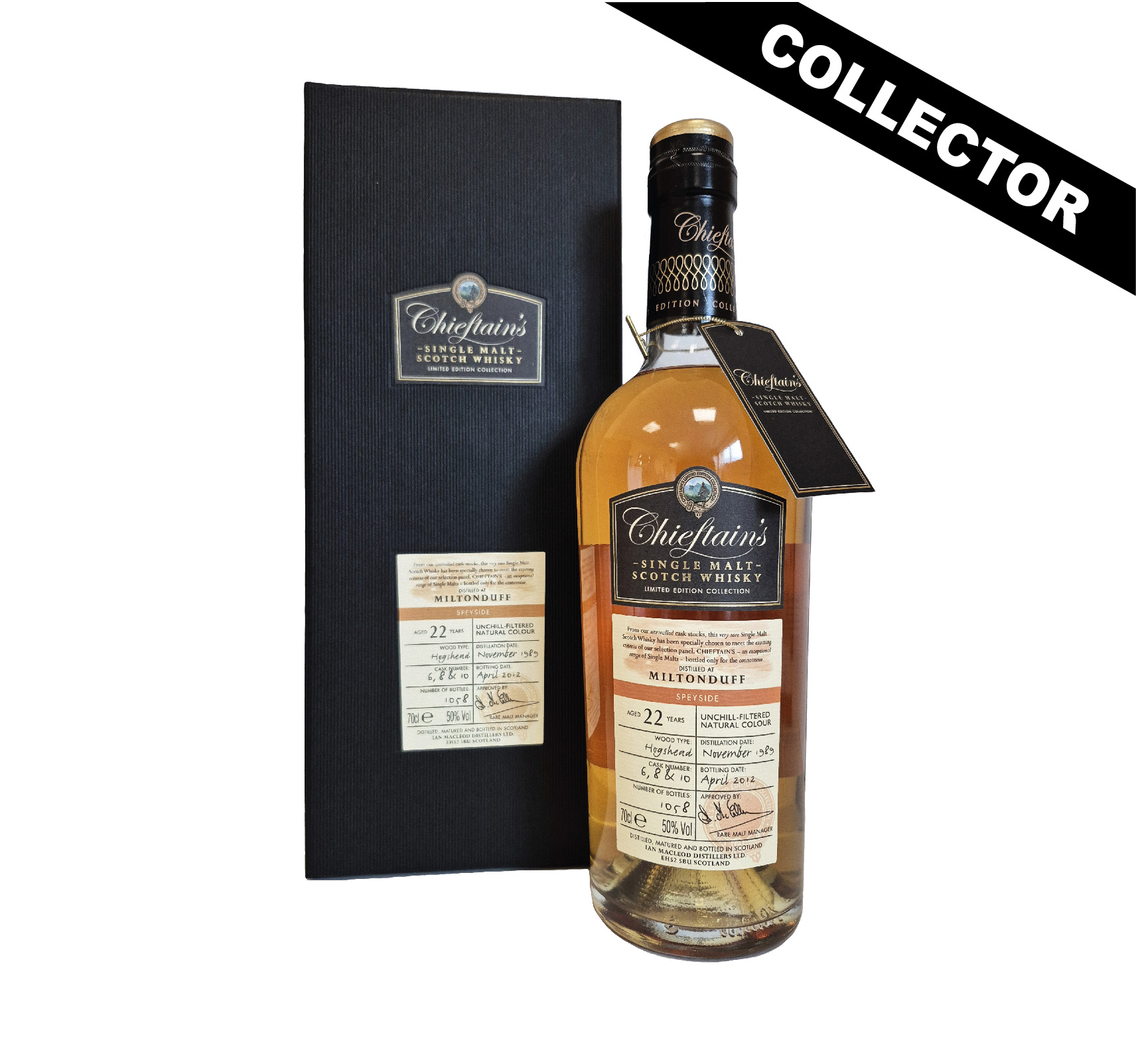 Découvrez le Miltonduff 22 ans 1989 Chieftain's, un rare single malt du Speyside à 50 %, vieilli en Hogshead. Notes de pomme, orange, vanille et cannelle.
